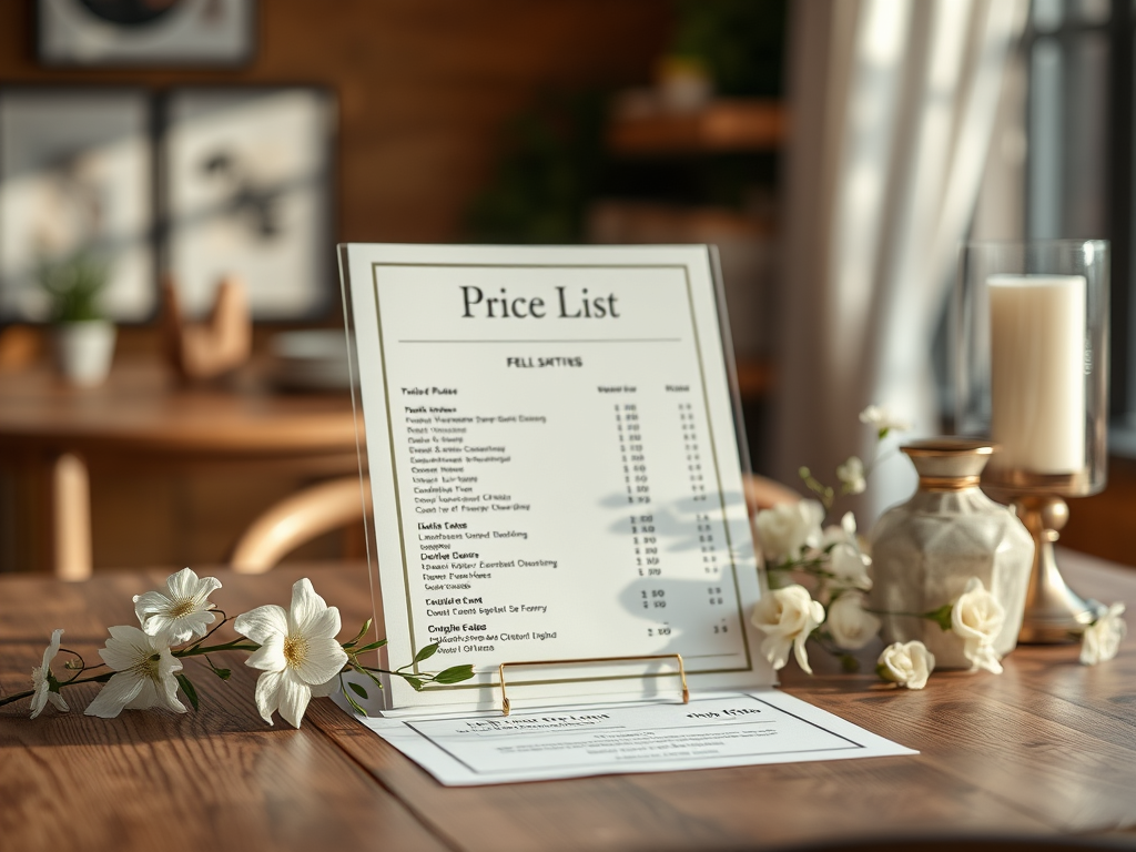 A neatly arranged price list on a wooden table, surrounded by decorative flowers and a candle.